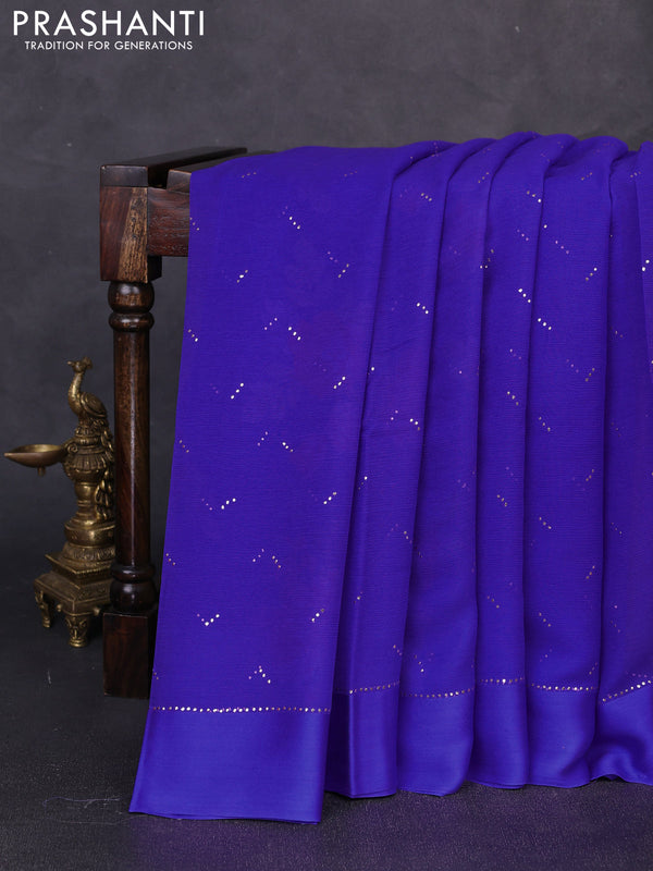 Pure chiffon silk saree royal blue with golden buttas and floral printed blouse