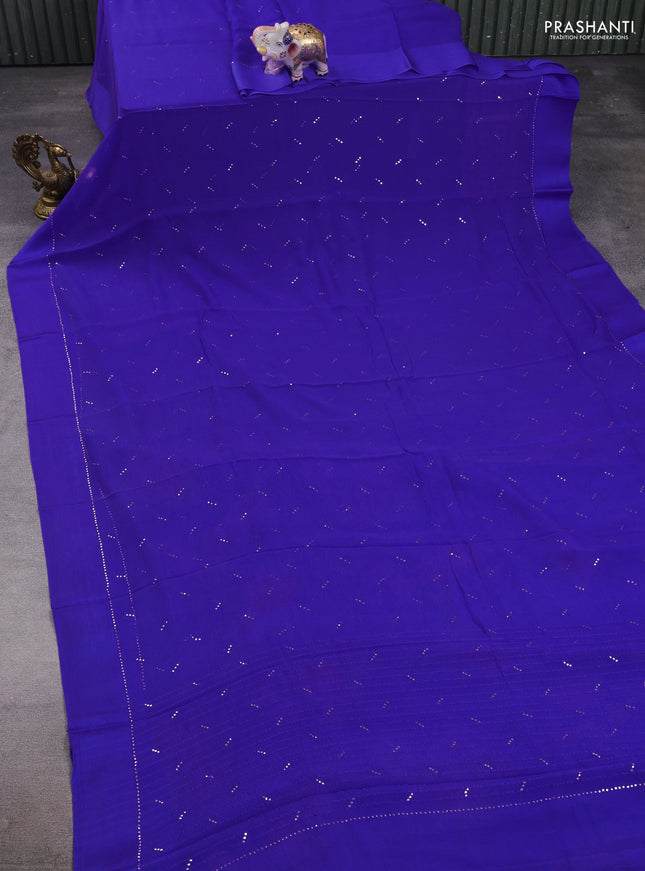 Pure chiffon silk saree royal blue with golden buttas and floral printed blouse