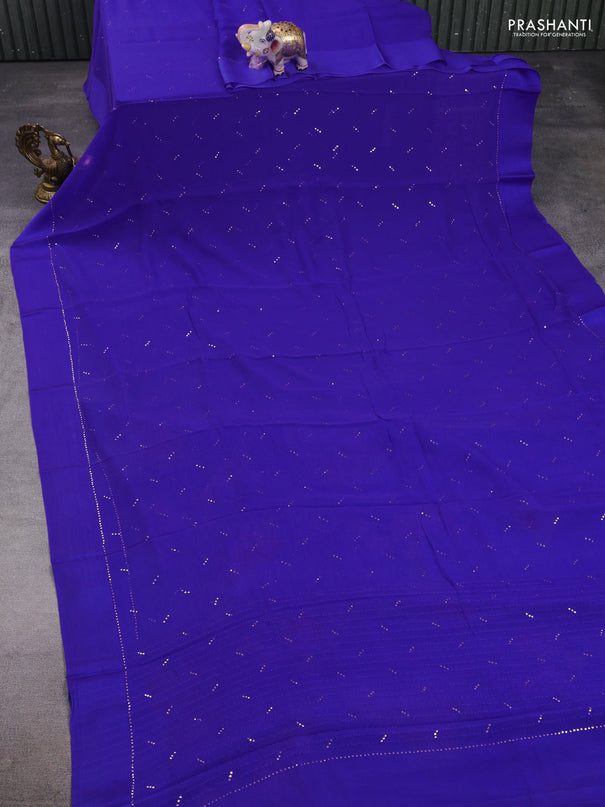 Pure chiffon silk saree royal blue with golden buttas and floral printed blouse