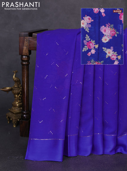 Pure chiffon silk saree royal blue with golden buttas and floral printed blouse