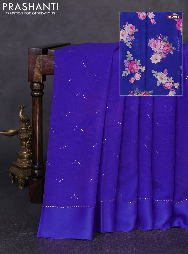 Pure chiffon silk saree royal blue with golden buttas and floral printed blouse