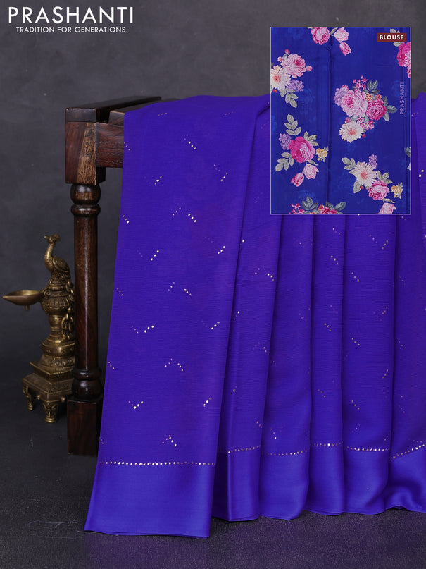Pure chiffon silk saree royal blue with golden buttas and floral printed blouse