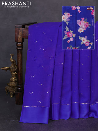 Pure chiffon silk saree royal blue with golden buttas and floral printed blouse