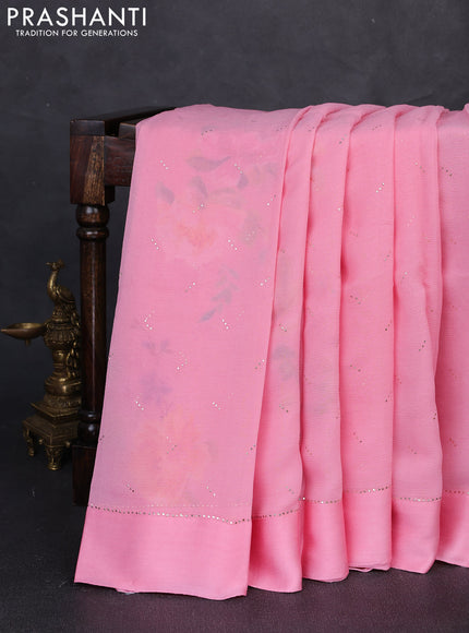 Pure chiffon silk saree light pink with golden buttas and floral printed blouse