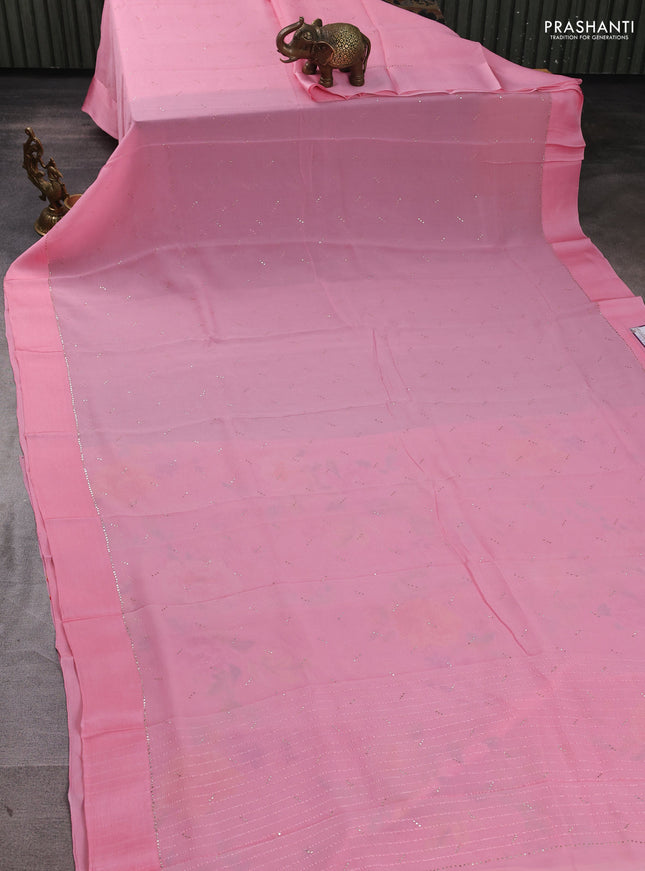Pure chiffon silk saree light pink with golden buttas and floral printed blouse