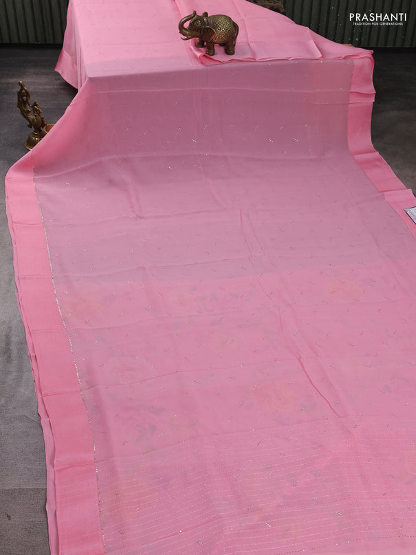 Pure chiffon silk saree light pink with golden buttas and floral printed blouse