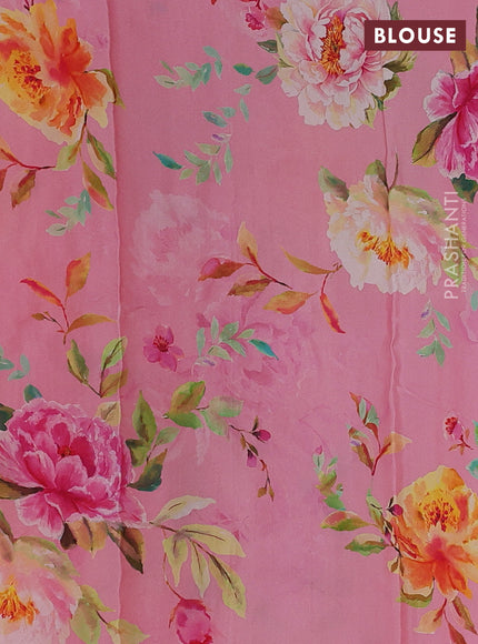 Pure chiffon silk saree light pink with golden buttas and floral printed blouse