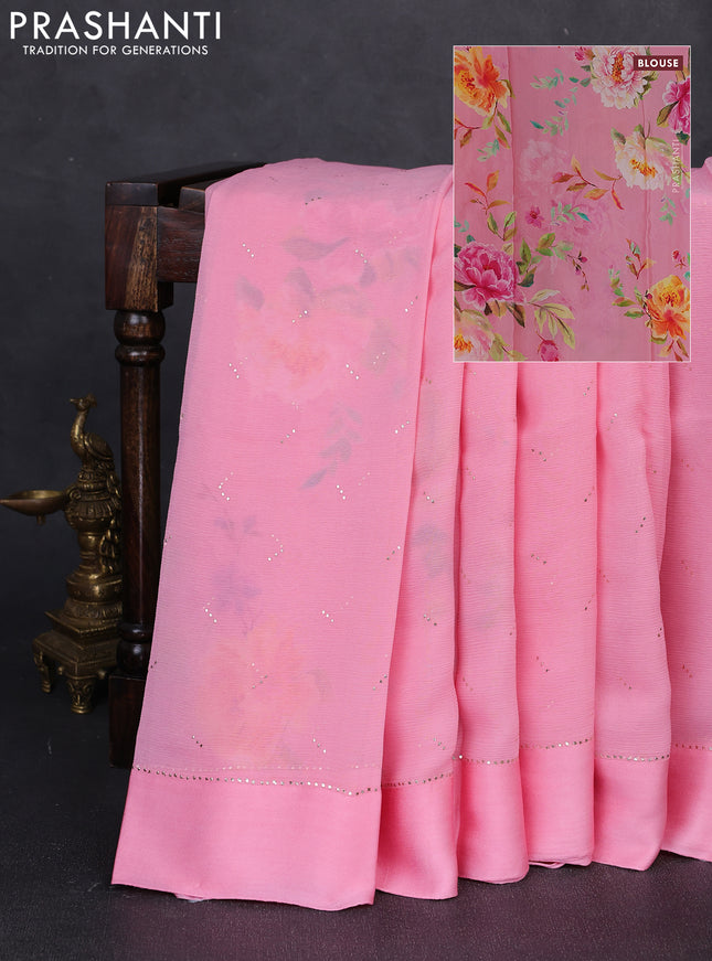 Pure chiffon silk saree light pink with golden buttas and floral printed blouse
