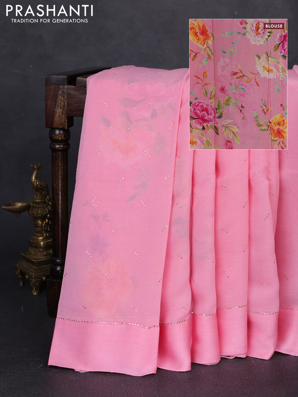 Pure chiffon silk saree light pink with golden buttas and floral printed blouse