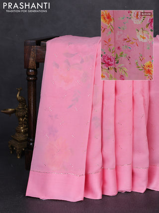 Pure chiffon silk saree light pink with golden buttas and floral printed blouse