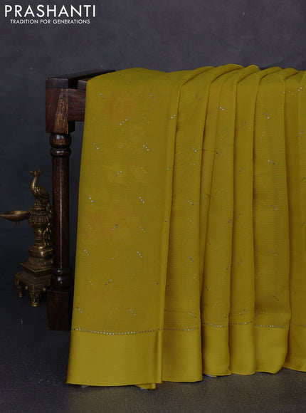 Pure chiffon silk saree mustard yellow with golden buttas and floral printed blouse