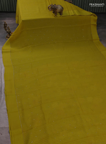 Pure chiffon silk saree mustard yellow with golden buttas and floral printed blouse