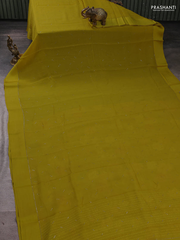 Pure chiffon silk saree mustard yellow with golden buttas and floral printed blouse