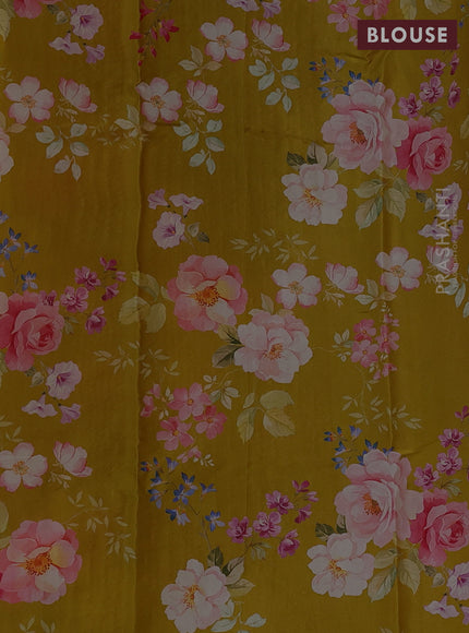 Pure chiffon silk saree mustard yellow with golden buttas and floral printed blouse