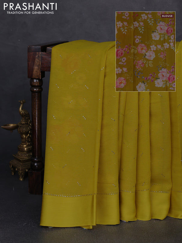 Pure chiffon silk saree mustard yellow with golden buttas and floral printed blouse