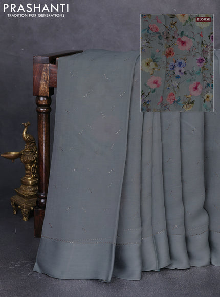 Pure chiffon silk saree grey with golden buttas and floral printed blouse