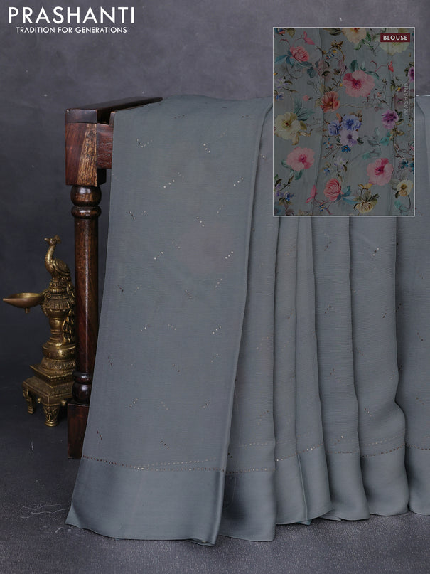Pure chiffon silk saree grey with golden buttas and floral printed blouse