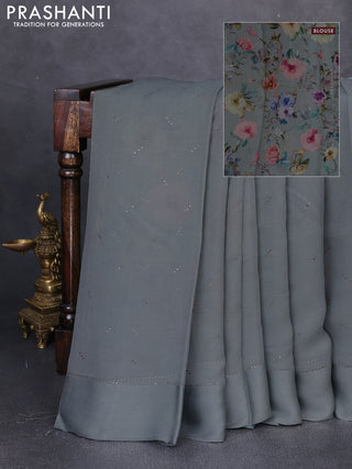 Pure chiffon silk saree grey with golden buttas and floral printed blouse