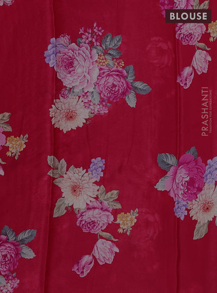 Pure chiffon silk saree tomato pink with golden buttas and floral printed blouse