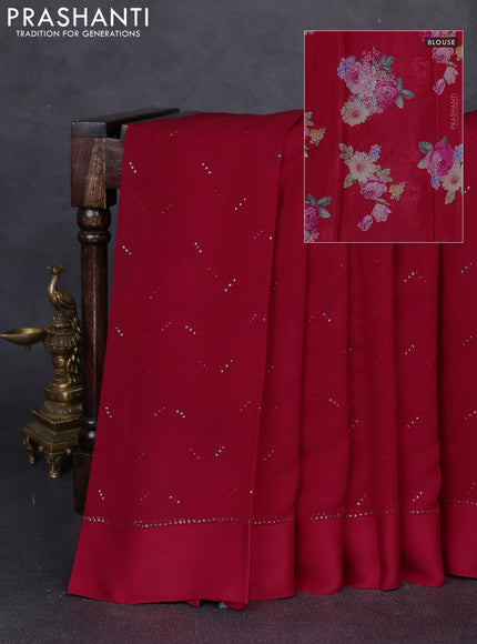 Pure chiffon silk saree tomato pink with golden buttas and floral printed blouse