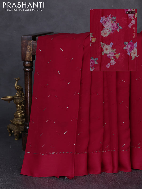 Pure chiffon silk saree tomato pink with golden buttas and floral printed blouse