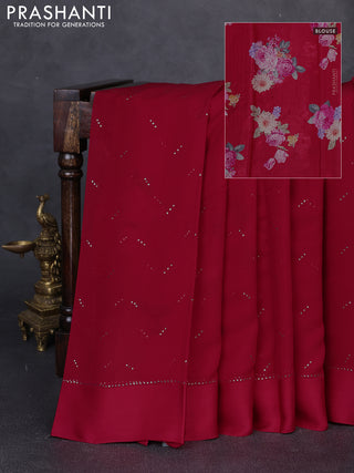 Pure chiffon silk saree tomato pink with golden buttas and floral printed blouse