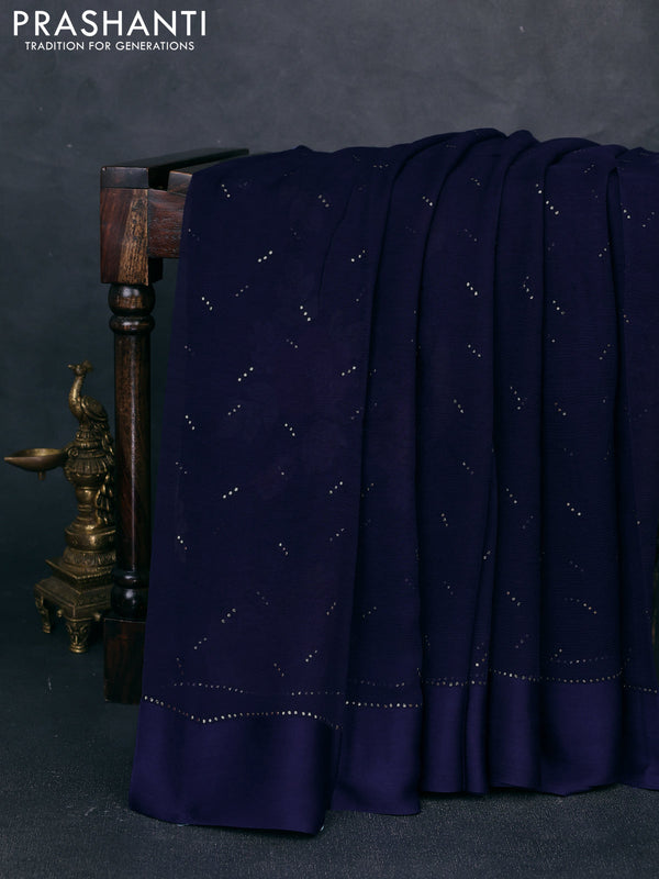 Pure chiffon silk saree navy blue with golden buttas and floral printed blouse