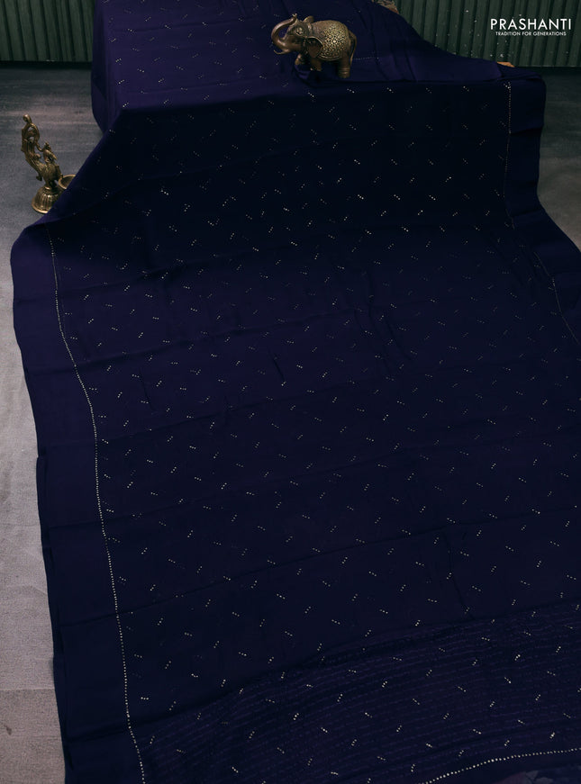 Pure chiffon silk saree navy blue with golden buttas and floral printed blouse