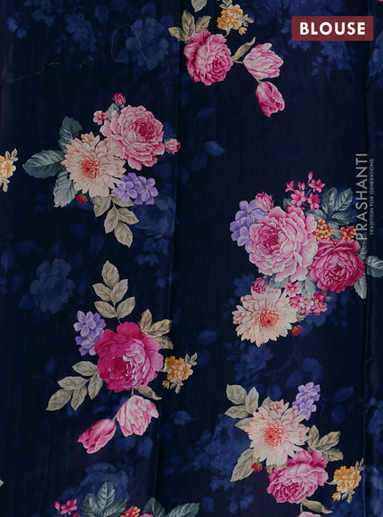 Pure chiffon silk saree navy blue with golden buttas and floral printed blouse