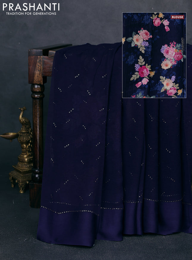 Pure chiffon silk saree navy blue with golden buttas and floral printed blouse