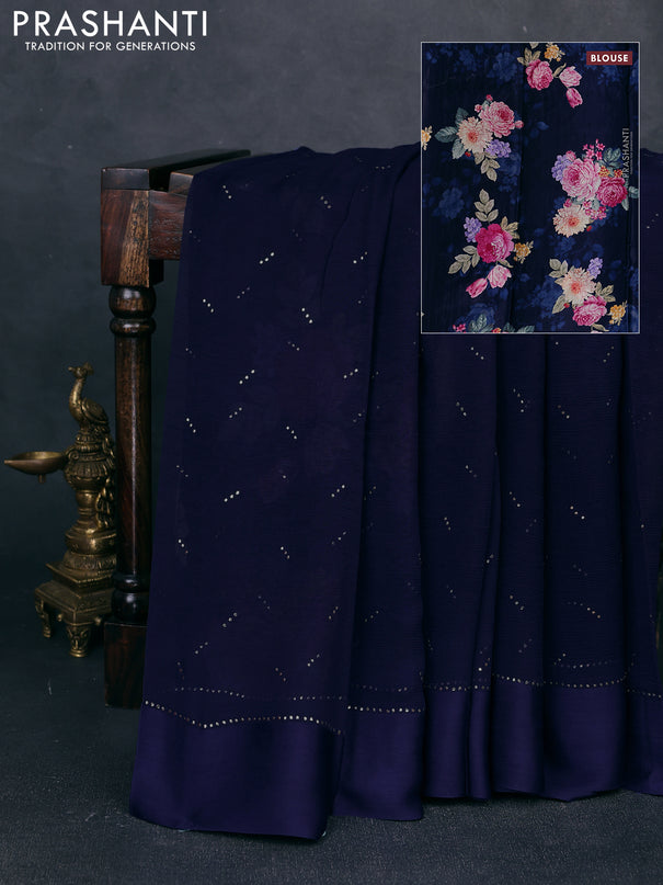 Pure chiffon silk saree navy blue with golden buttas and floral printed blouse