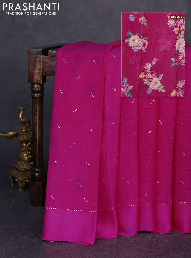 Pure chiffon silk saree magenta pink with golden buttas and floral printed blouse