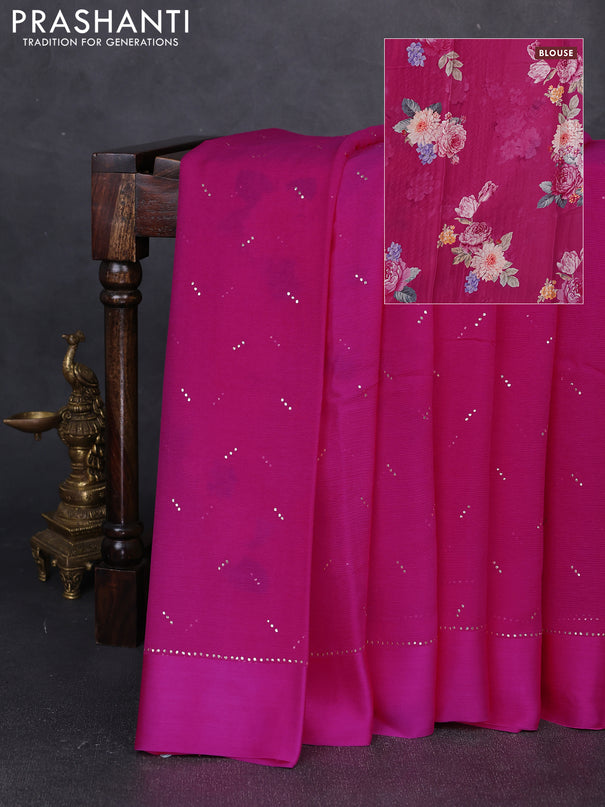Pure chiffon silk saree magenta pink with golden buttas and floral printed blouse