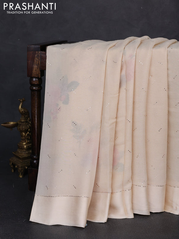 Pure chiffon silk saree beige with golden buttas and floral printed blouse