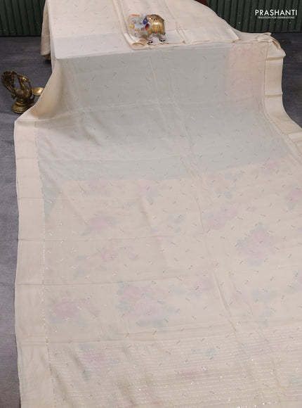 Pure chiffon silk saree beige with golden buttas and floral printed blouse