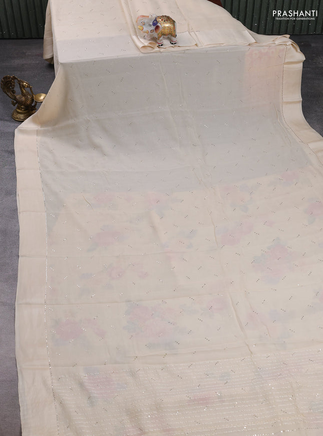 Pure chiffon silk saree beige with golden buttas and floral printed blouse