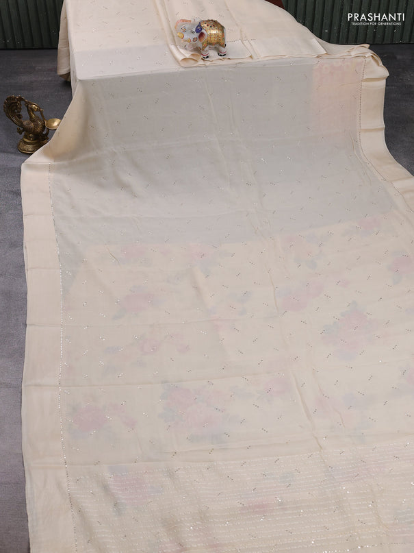 Pure chiffon silk saree beige with golden buttas and floral printed blouse