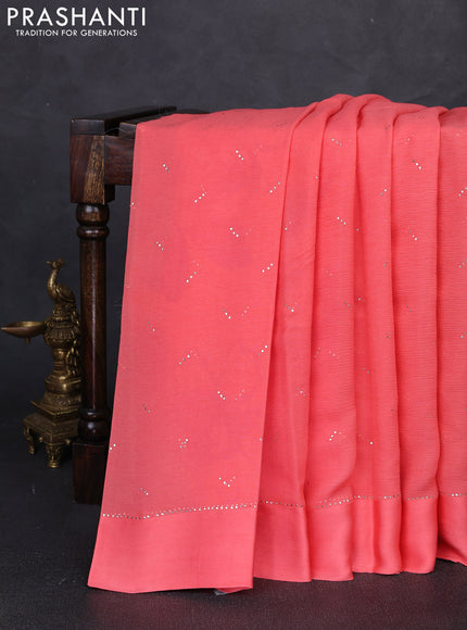 Pure chiffon silk saree dark peach with golden buttas and floral printed blouse
