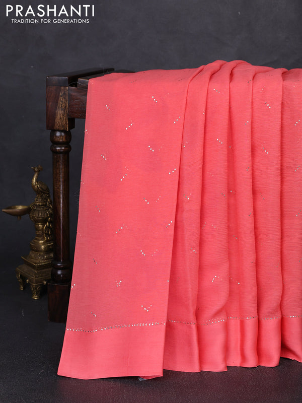 Pure chiffon silk saree dark peach with golden buttas and floral printed blouse