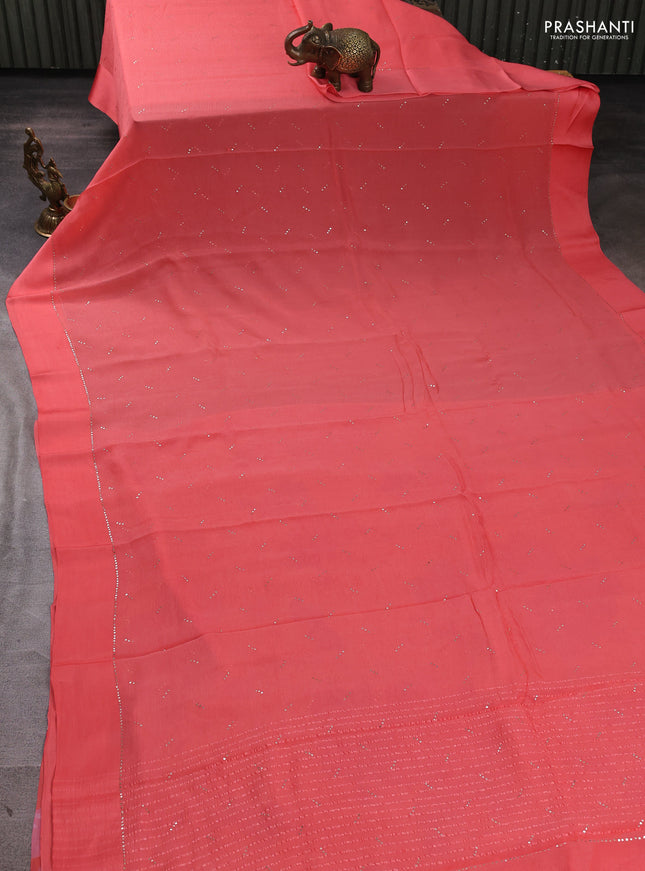 Pure chiffon silk saree dark peach with golden buttas and floral printed blouse