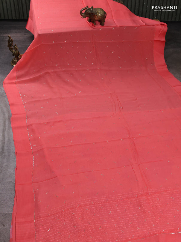 Pure chiffon silk saree dark peach with golden buttas and floral printed blouse