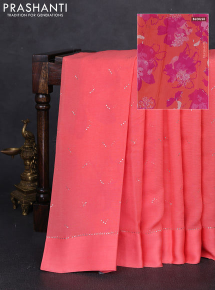 Pure chiffon silk saree dark peach with golden buttas and floral printed blouse
