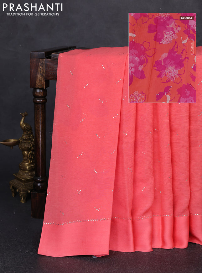 Pure chiffon silk saree dark peach with golden buttas and floral printed blouse