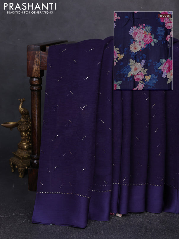 Pure chiffon silk saree navy blue with golden buttas and floral printed blouse