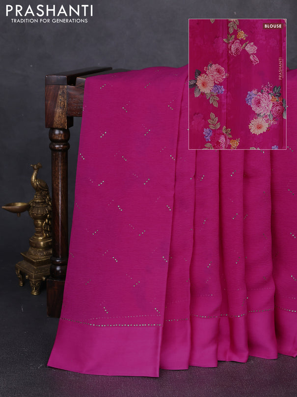 Pure chiffon silk saree pink with golden buttas and floral printed blouse