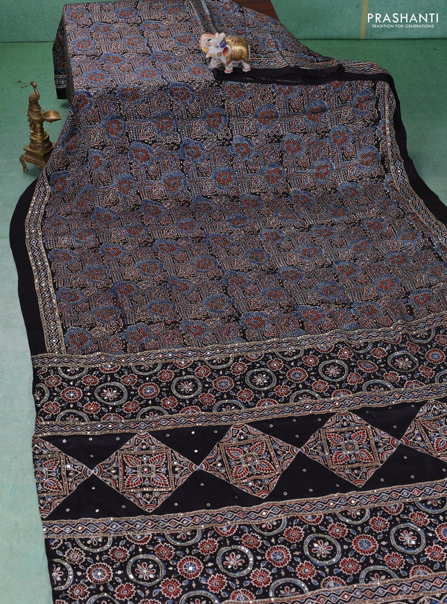 Modal silk saree black with allover ajrakh prints & sequin work and mirror sequin work pallu