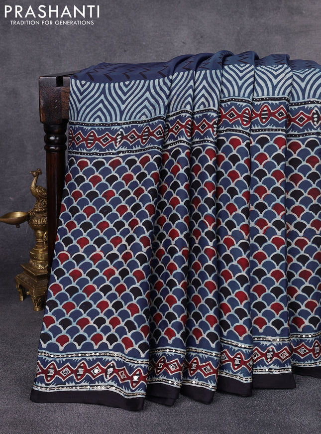 Modal silk saree indigo blue and black with allover ajrakh prints & sequin work and mirror sequin work pallu