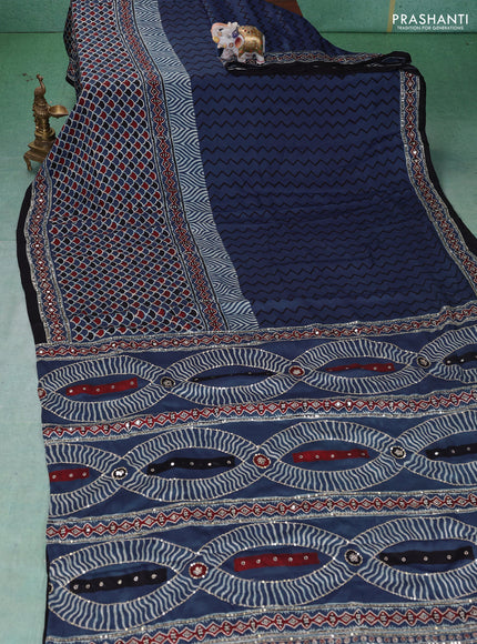 Modal silk saree indigo blue and black with allover ajrakh prints & sequin work and mirror sequin work pallu