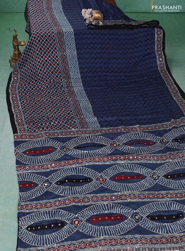 Modal silk saree indigo blue and black with allover ajrakh prints & sequin work and mirror sequin work pallu