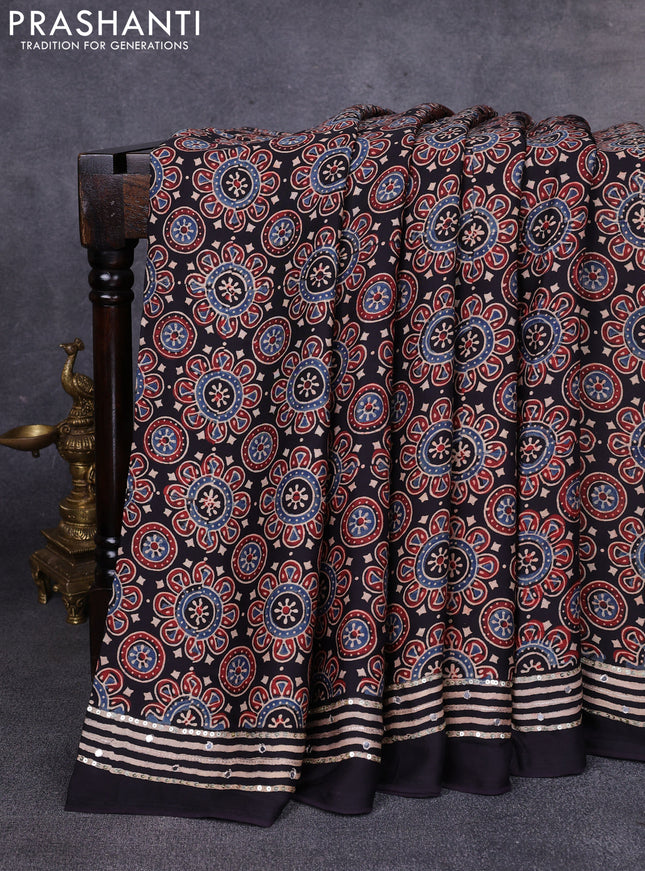 Modal silk saree black with allover ajrakh prints & sequin work and mirror sequin work pallu